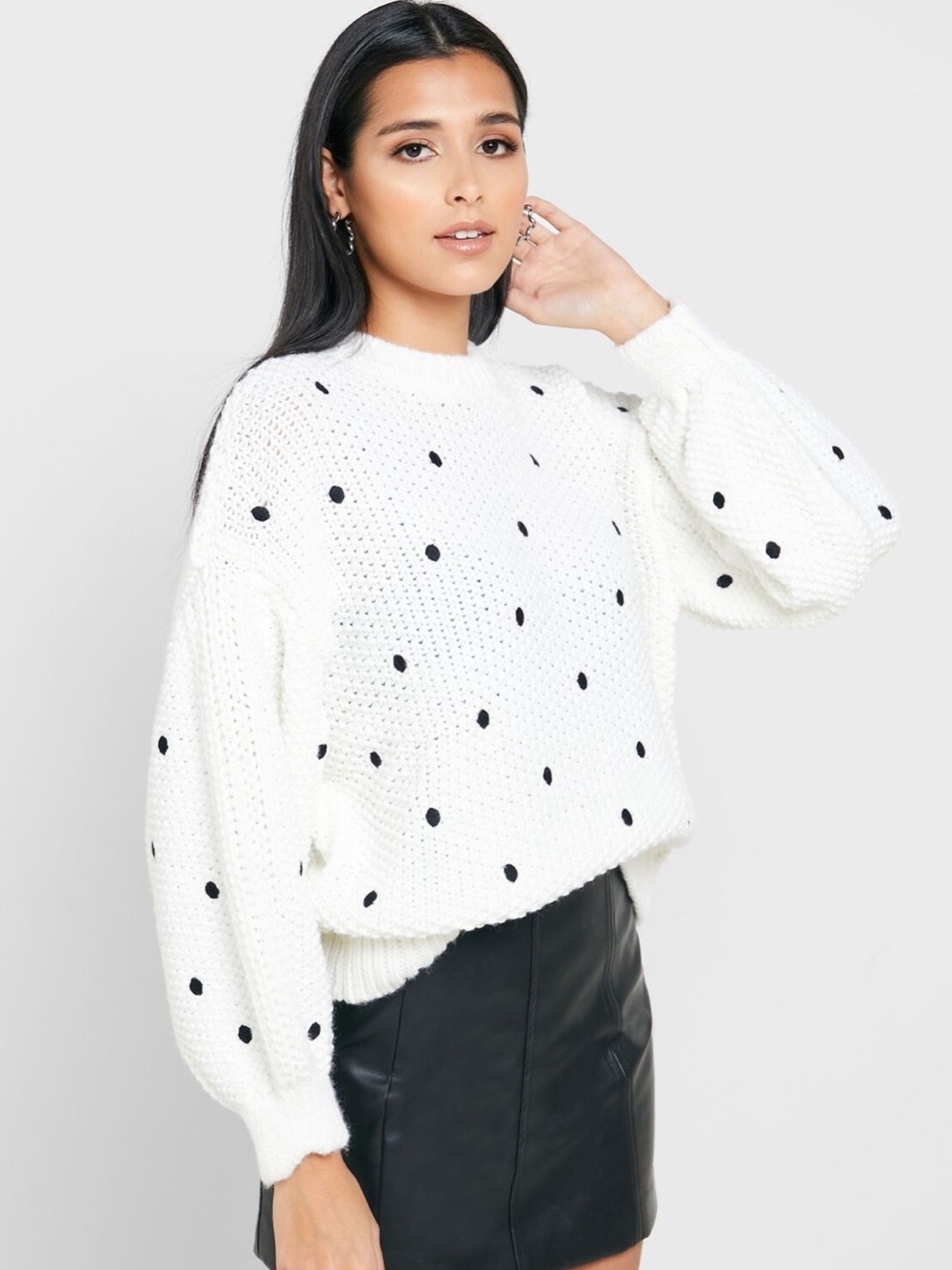 Topshop White Puff Sleeve Oversized Sweater Black Polka Dots Size 8-10